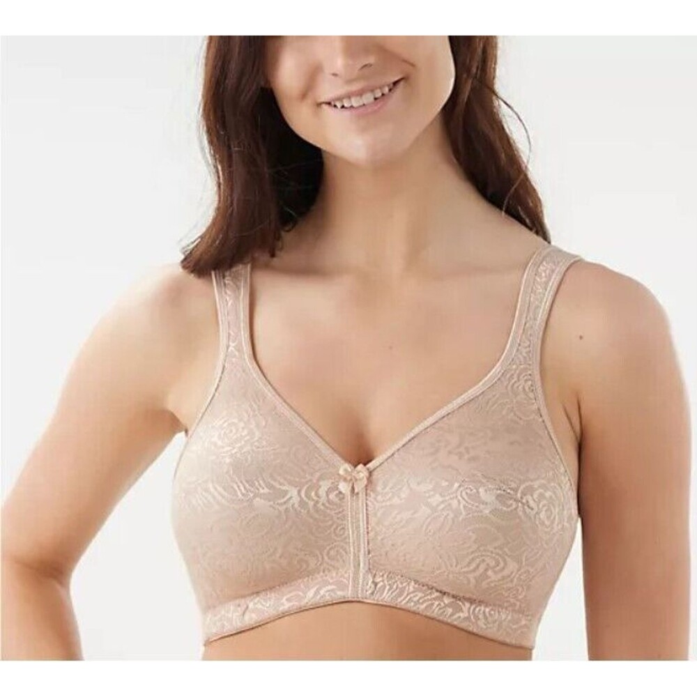 Breezies Wild Rose Lace Seamless Wirefree Minimizer Support Bra Sz 44B White